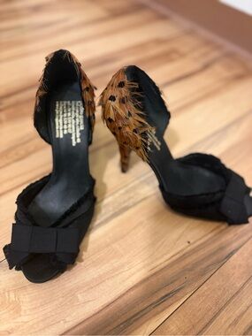 Pedro Garcia Black Open-Toe Heels with Brown Feather Detail